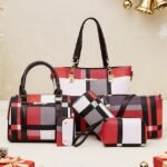 Women's Christmas Plaid Handbag Set, Multi-color Faux