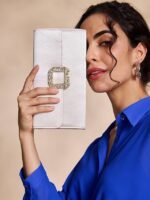Women's White Satin Clutch with Rhinestone Buckle - Elegant - Image 2