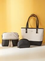 Elegant women's stylish two-tone patchwork handbag set with - Image 3