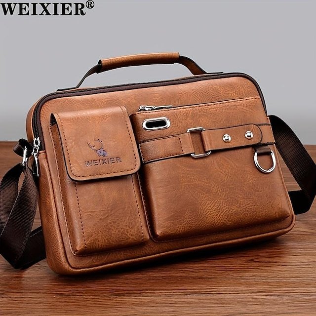 bznvnx1682954119672 Men's Brown Faux Leather Messenger Bag with Multiple - Image 1