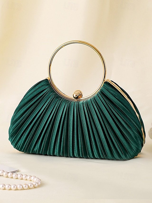 cjeghq1733795578979 Green Elegant Pleated Velvet Clutch with Gold Ring Handle - - Image 1