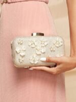 Women's 3D Floral Clutch with Pearl Accents and Gold Chain - Image 4
