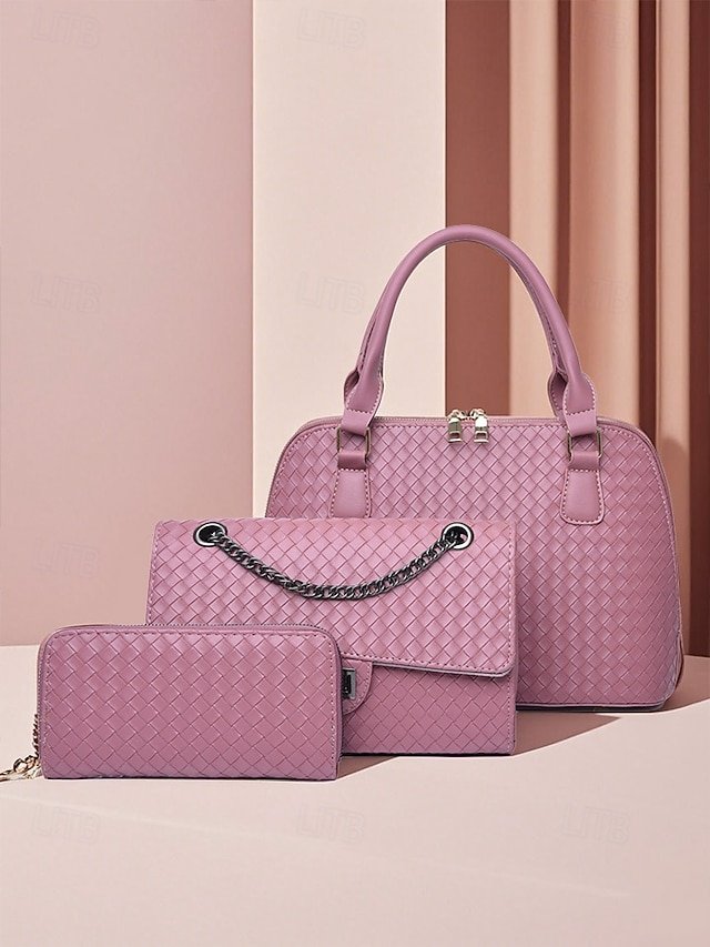 gqkvco1743579058148 Women's 3-Piece Brown Woven Faux Leather Handbag Set – - Image 1