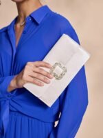 Women's White Satin Clutch with Rhinestone Buckle - Elegant - Image 3
