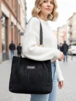 Women's Corduroy Tote Shoulder Bag with Leather Straps, - Image 12