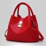 Women's Red Faux Leather Handbag with Gold Lock and Chain - Image 6