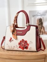 Women's Embroidered Faux Leather Handbag with Scarf Accent - Image 13