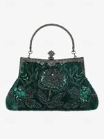 Women's Vintage Green Velvet Handbag with Beaded Floral