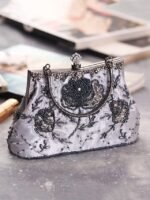 Women's Vintage Green Velvet Handbag with Beaded Floral - Image 7