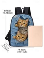 Cute cat print backpack for kids and teens - Denim style, Double - Image 4