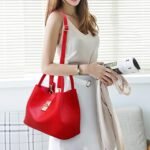 Women's Red Faux Leather Handbag with Gold Lock and Chain - Image 13