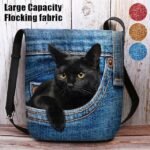 Cute Black Cat Denim Print Crossbody Bag – Casual Women's