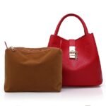 Women's Red Faux Leather Handbag with Gold Lock and Chain - Image 3