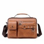 Men's Brown Faux Leather Messenger Bag with Multiple - Image 15