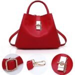 Women's Red Faux Leather Handbag with Gold Lock and Chain - Image 14