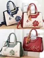 Women's Embroidered Faux Leather Handbag with Scarf Accent - Image 3