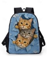 Cute cat print backpack for kids and teens - Denim style, Double - Image 11