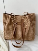 Women's Corduroy Tote Shoulder Bag with Leather Straps, - Image 5
