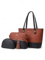 Elegant women's stylish two-tone patchwork handbag set with - Image 11