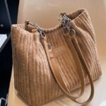 Women's Corduroy Tote Shoulder Bag with Leather Straps,