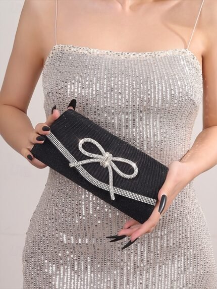 Blue Glitter Clutch Purse with Rhinestone Bow Accent, Elegant