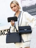 Women's 3-Piece Brown Woven Faux Leather Handbag Set – - Image 2