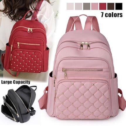 Women's Beige Quilted Backpack with Gold Studs – Stylish