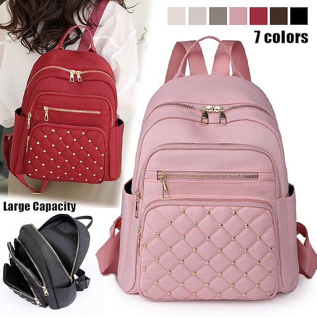 yeqtxf1689237998060 Women's Beige Quilted Backpack with Gold Studs – Stylish - Image 1