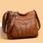 Women's Black Brown Crossbody Bag with Multiple Zippered - Image 9